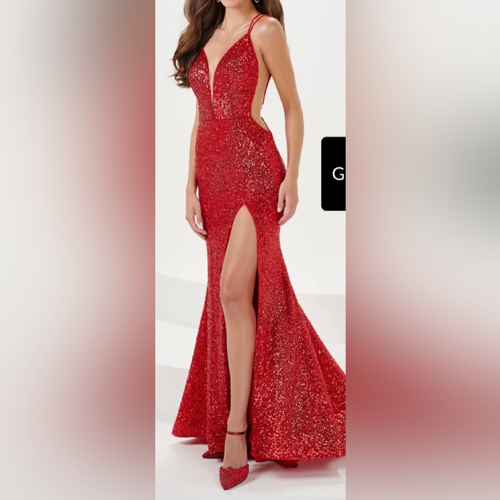 Panoply Prom Dress Sz#6 Red Sequin Tie/zip Back (14178) V Neck